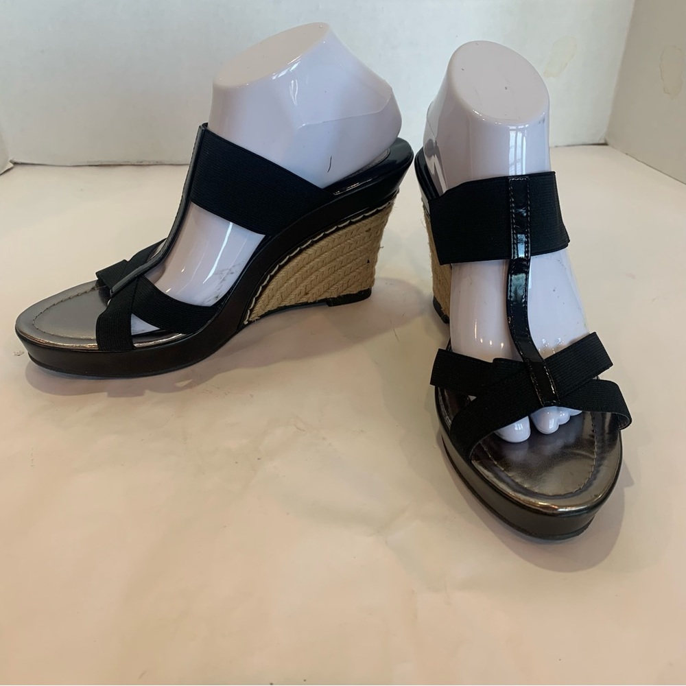 CHARLES by CHARLES DAVID black wedge platform sandals jute rope heel trim 11